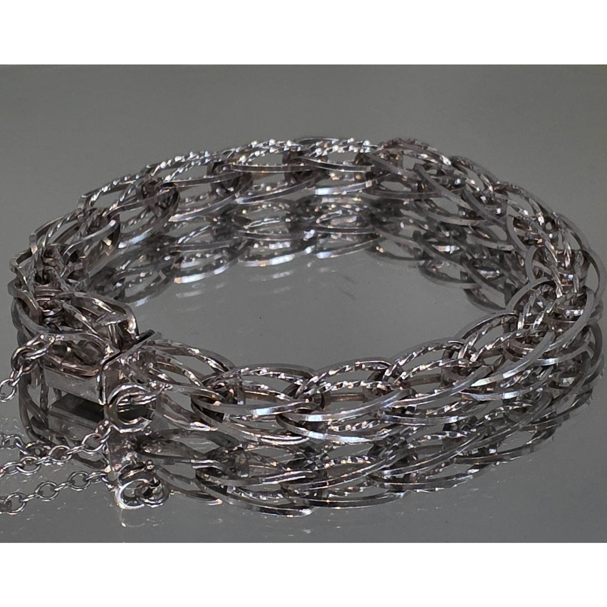 Vintage Silver Silver Braided Woven Oval Twisted Diamond Cut Link Bracelet 7.5”