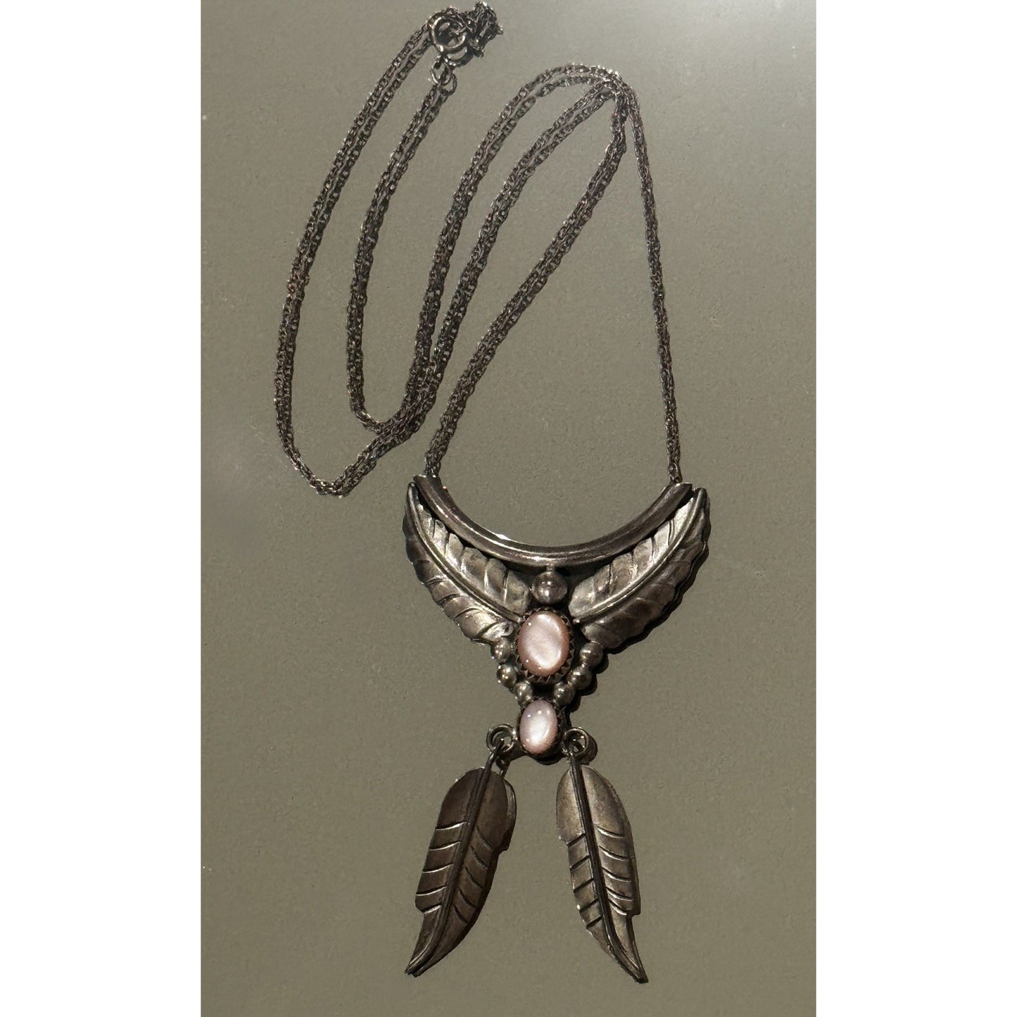 Vintage Navajo Sterling Silver Pink Conch Dangle Feather Necklace Signed S Cline