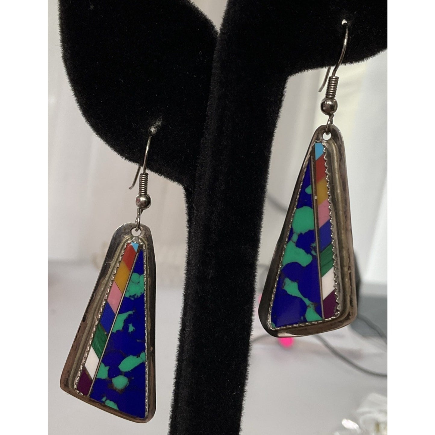Southwest Sterling Silver Colorful Inlay Triangle Earrings