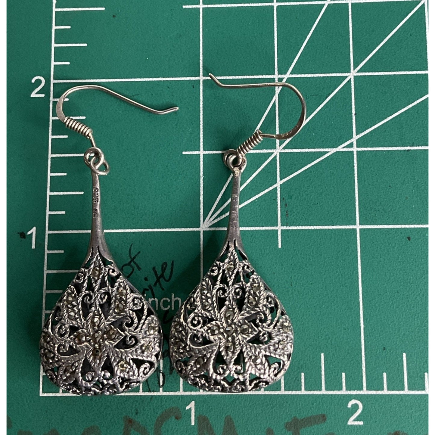 NF Sterling Marcasite Tear Drop Pendant Dangle Earrings Filigree Art Deco 17g!