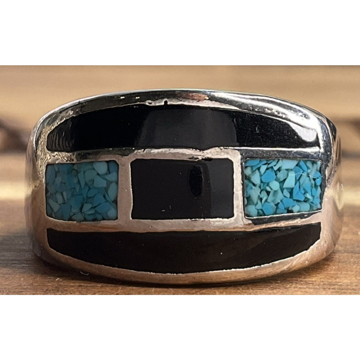 Sterling Silver Turquoise Black Onyx Inlay Ring Size 10 Southwest Band