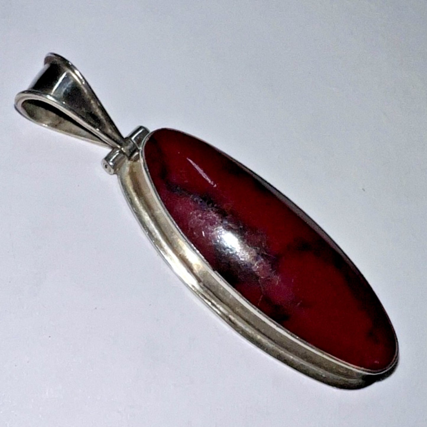 Large Sterling Silver Red Jasper Pendant – Oval Cabochon, Vintage Mexico .925