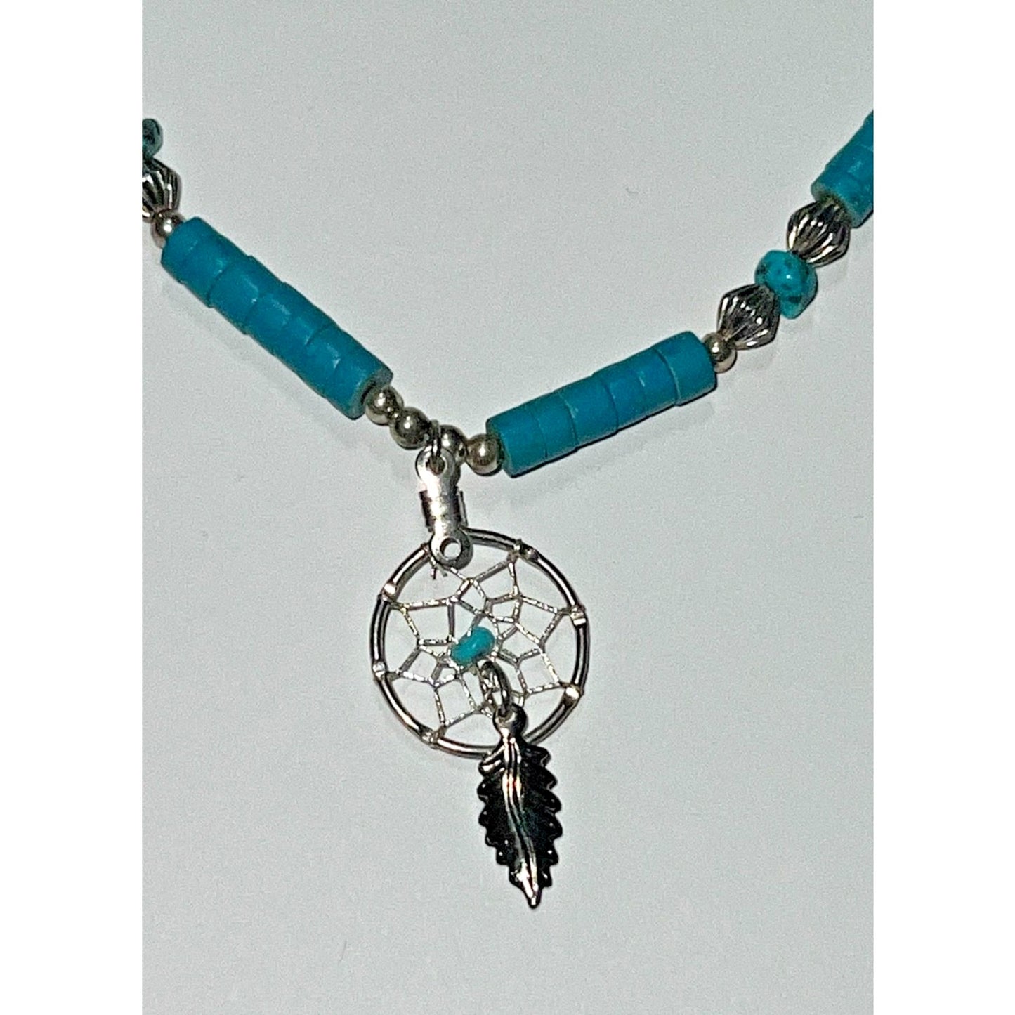 Vintage Sterling Silver Turquoise Dreamcatcher Boho Heishi Bead Necklace 16”