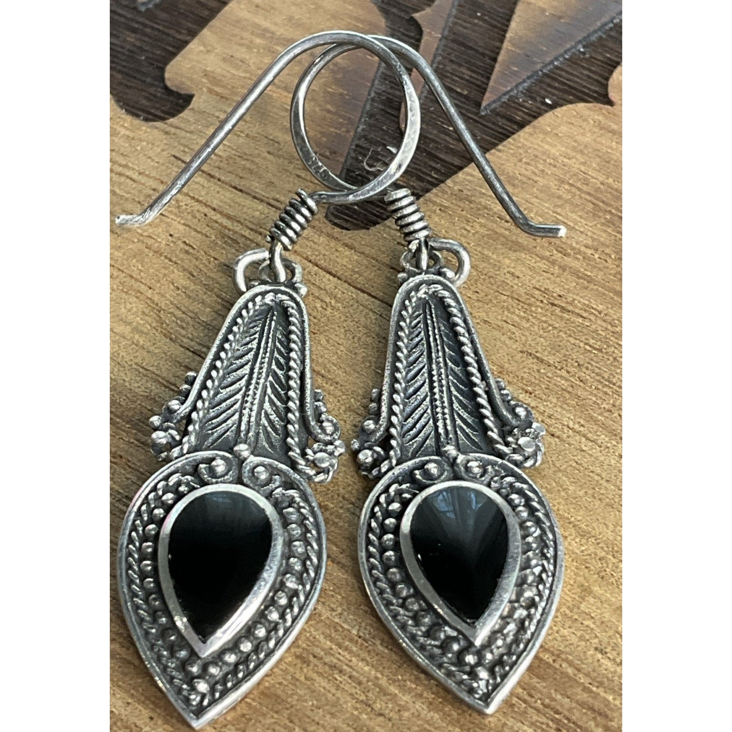 Vintage Boma Sterling Silver Black Onyx Teardrop Bali Style Dangle Drop Earrings