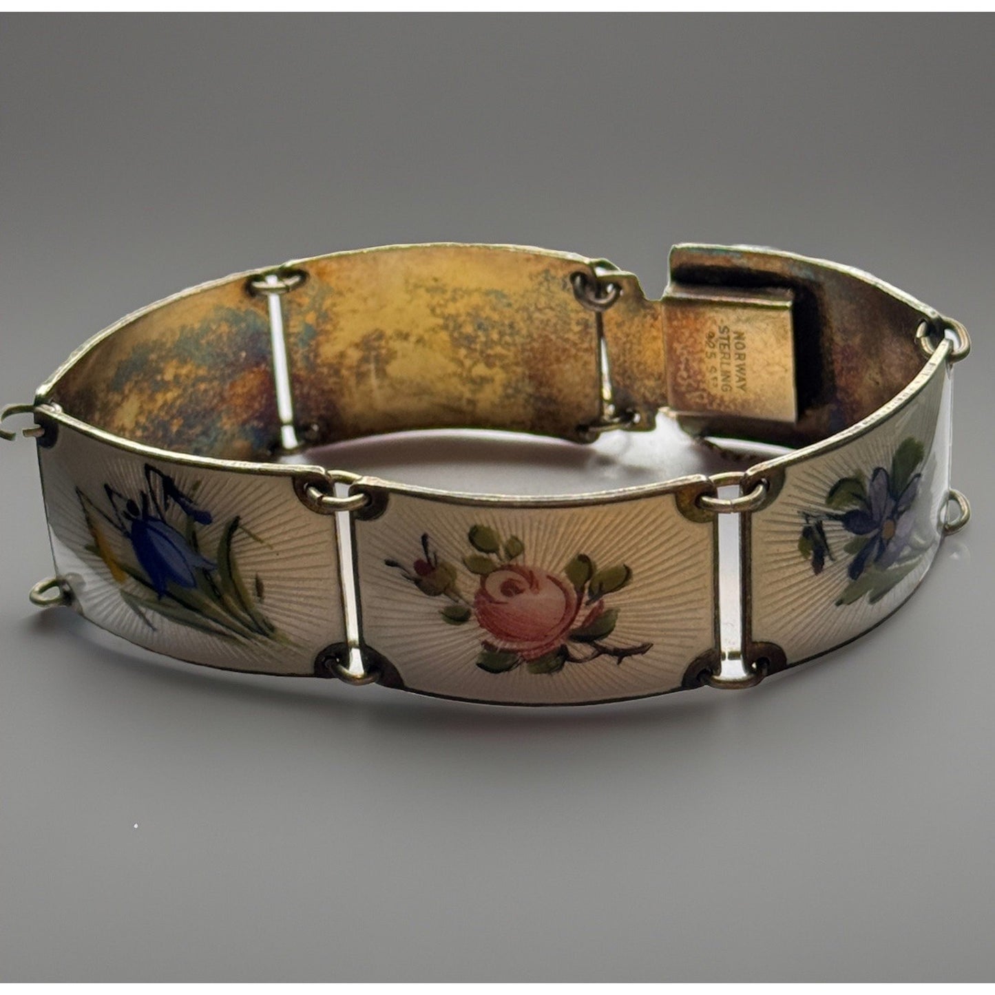Finn Jensen Guilloche Enamel Sterling Panel Bracelet Rose, Bell Flower, Violet
