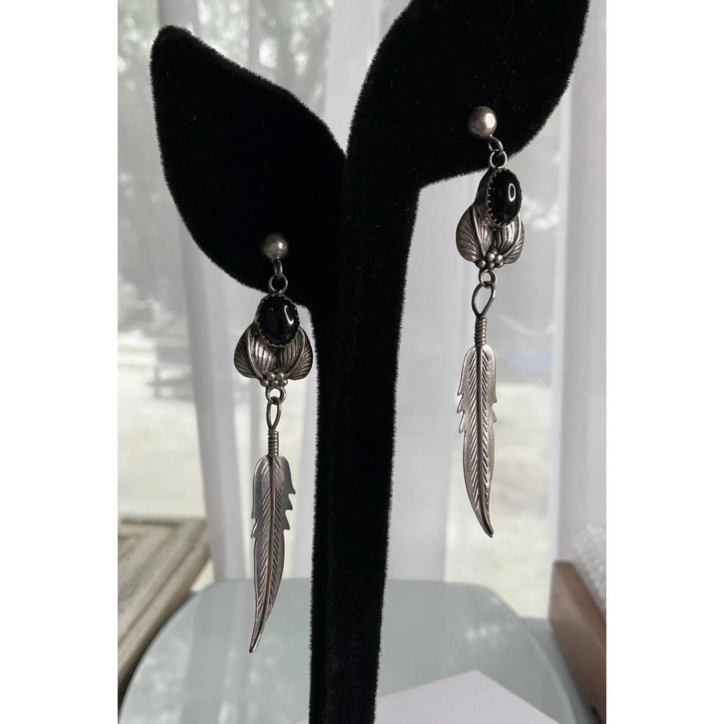 Lorena Sterling Silver Black Onyx Feather Dangle Earrings Southwestern Boho Drop