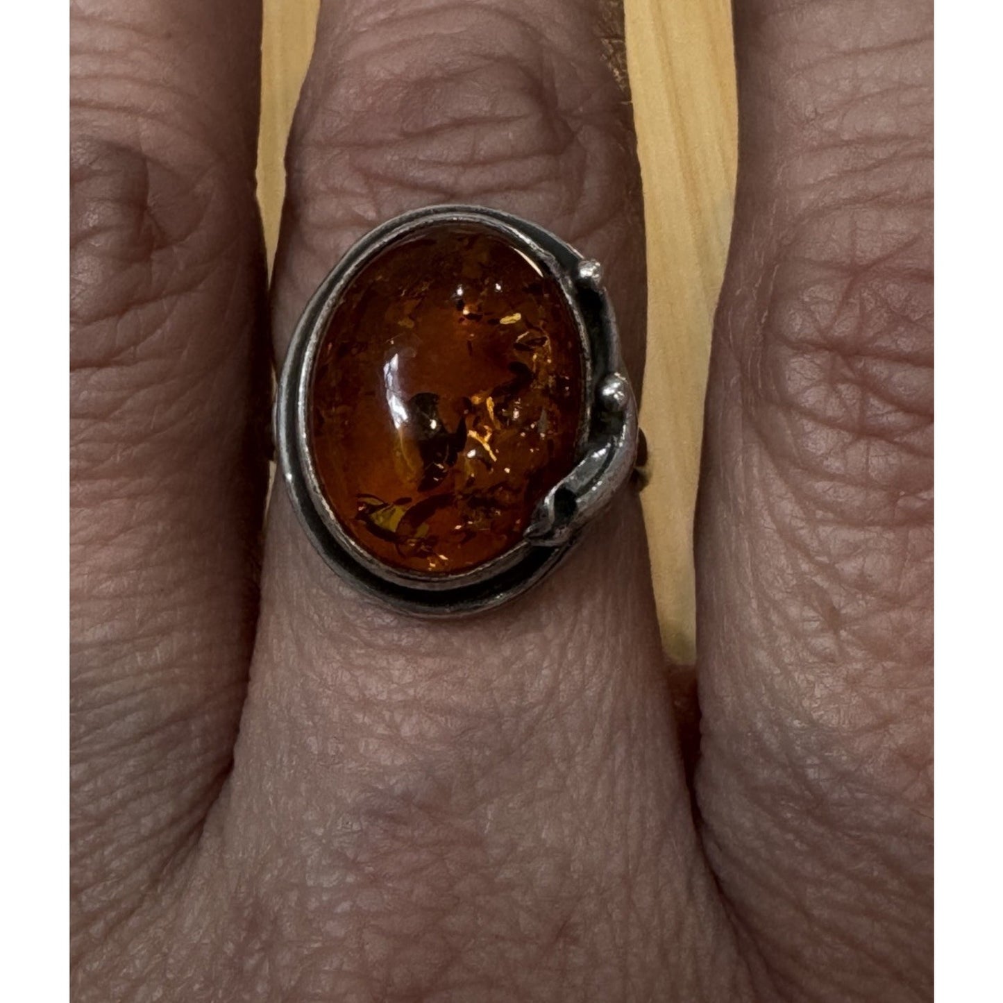 Vintage 925 Baltic Amber Cognac Sterling Silver Ring Size 7.5 Statement Ring