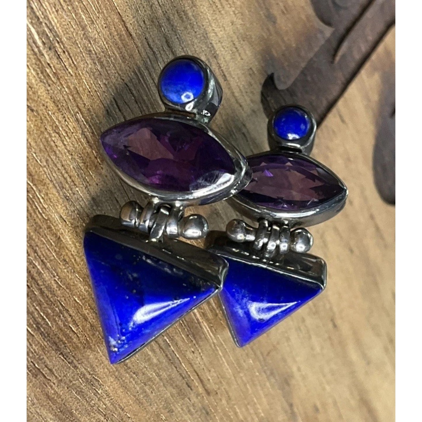 Vintage Sterling Silver Amethyst And Lapis Lazuli Modernist Dangle Drop Earrings