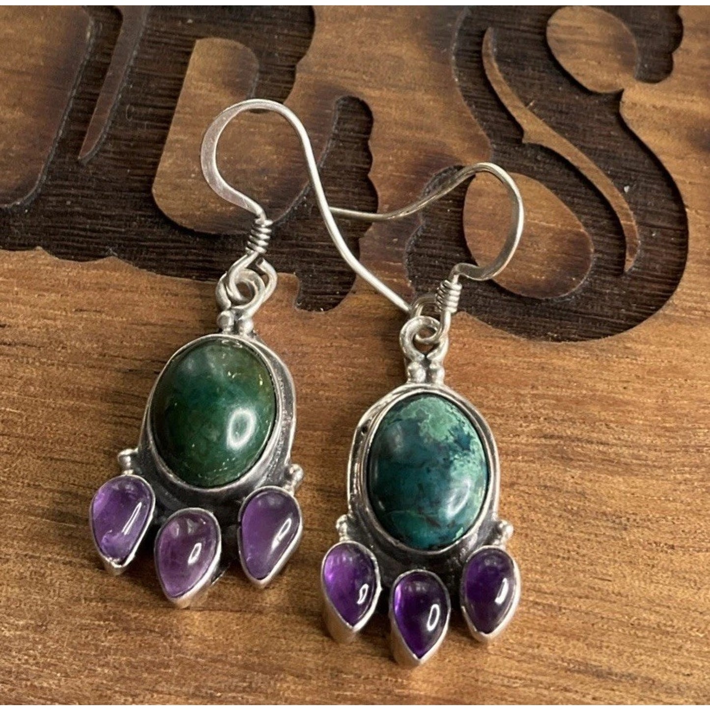 Sterling Silver Chrysocolla Amethyst Purple Dangle Earrings Boho 925