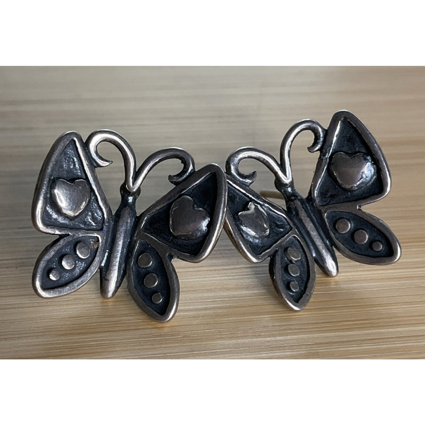Vintage Sterling Silver Butterfly Heart Mariposa Pierced Earrings Oxidized