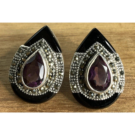 Vintage Sterling Silver Onyx Marcasite And Amethyst Teardrop Earrings