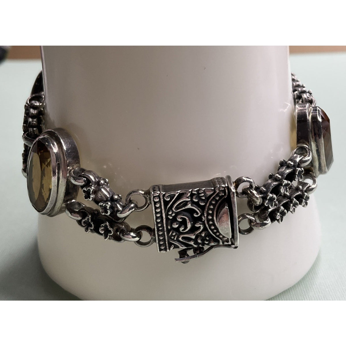 Vintage Sterling Silver Citrine Peridot Gemstone Double Chain Bracelet