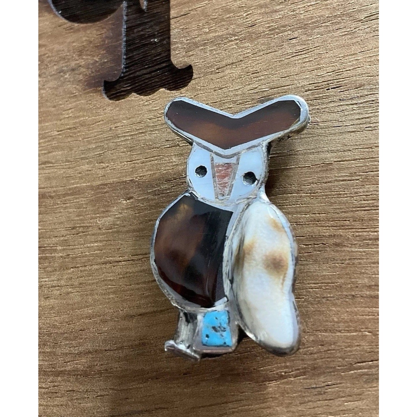 Vintage Navajo Sterling Silver Owl Brooch Multi Stone Inlay Turquoise Agate