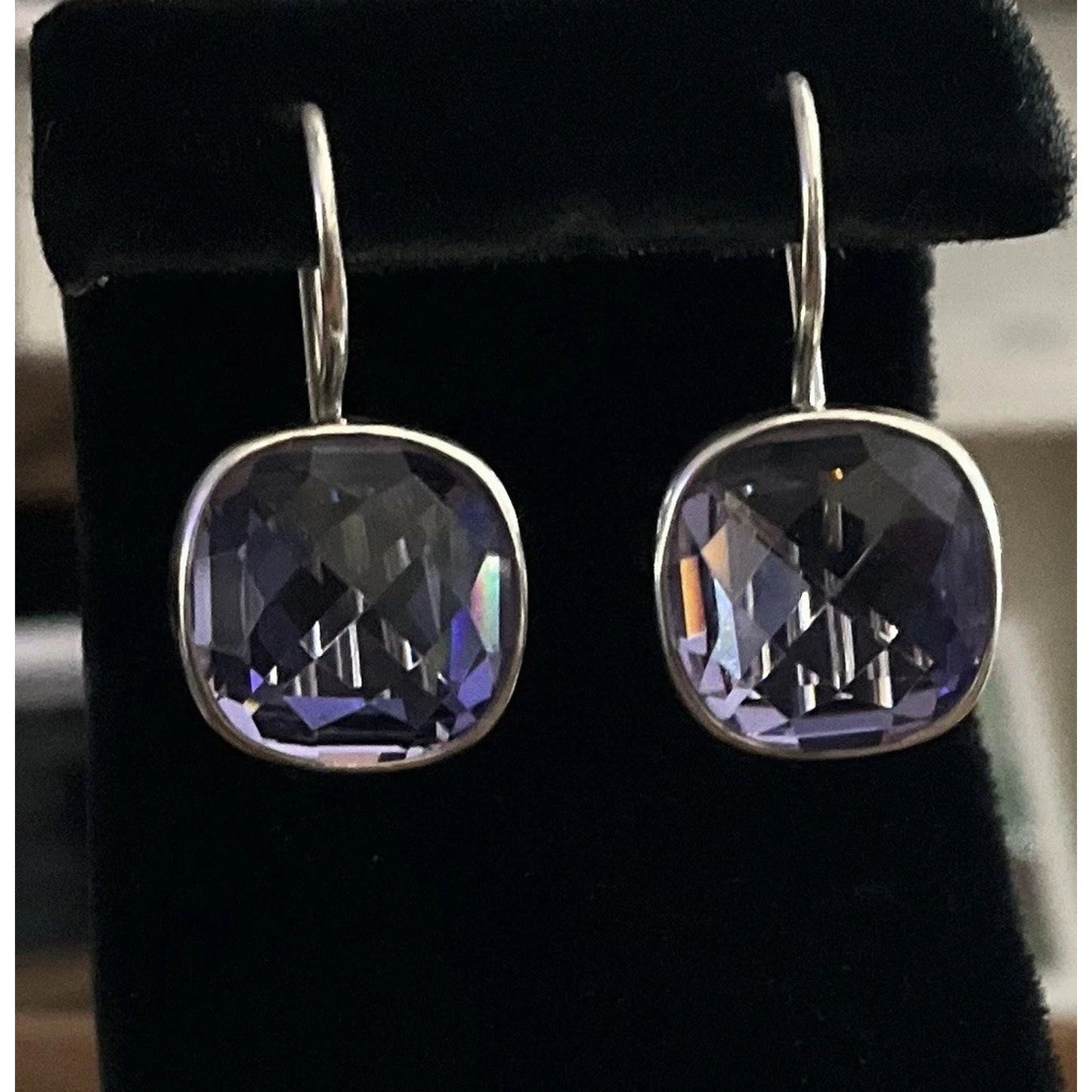 Sterling Silver 925 Amethyst Drop Earrings Faceted Purple 1” Bezel Set 6.4gr