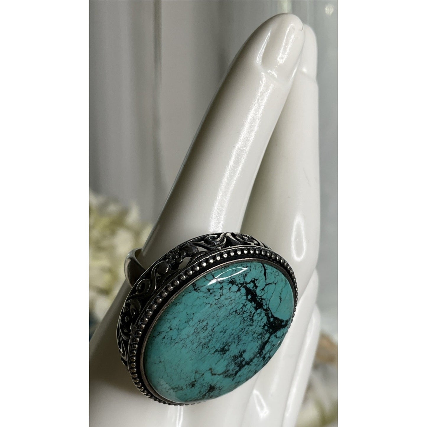 Large Sterling Silver Bold Turquoise Statement Ring Filigree Wide Band Size 8