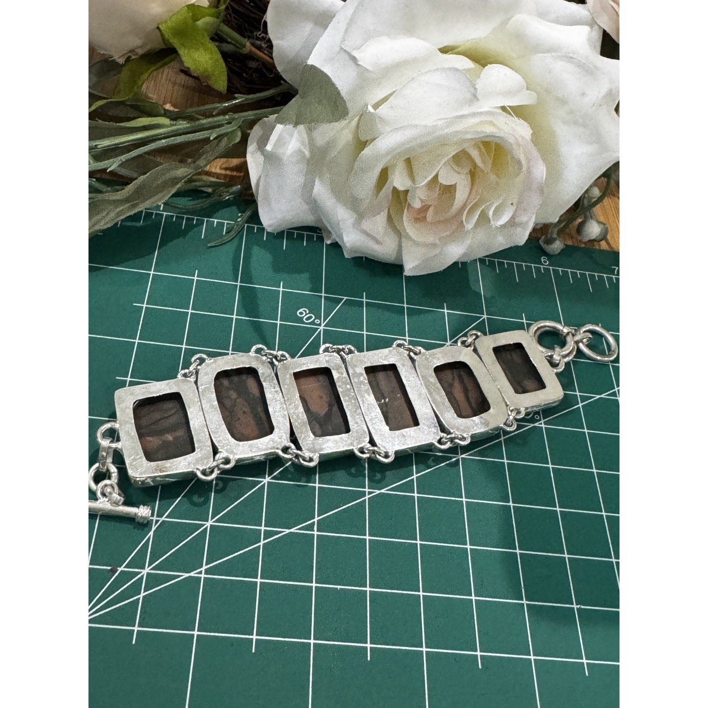 Vintage Sterling Silver Peanut Wood Jasper Bracelet 58g 7 - 8” Large Stone 925