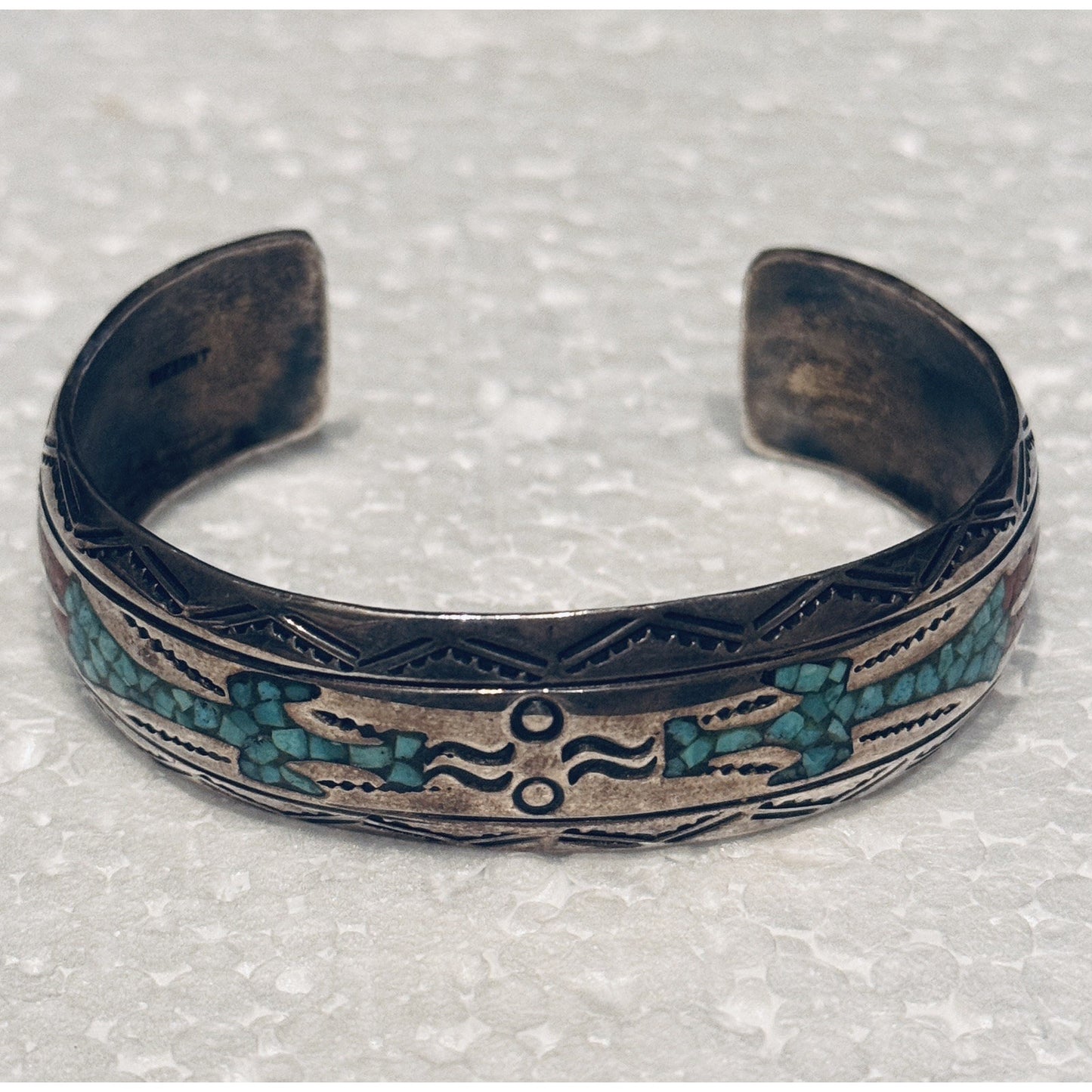Signed Navajo J Nezzie Sterlin Silver Thunderbird Turquoise Coral Inlay Cuff 23g