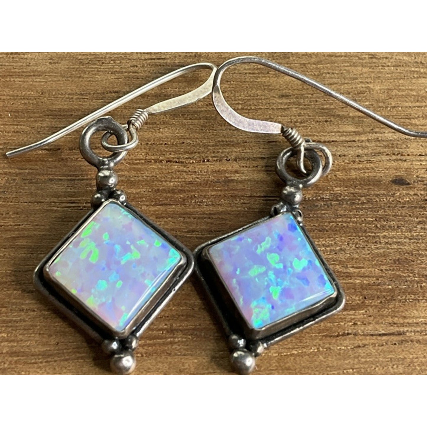 Vintage Sterling Silver Geometric Blue Iridescent Fire Opal Dangle Drop Earrings