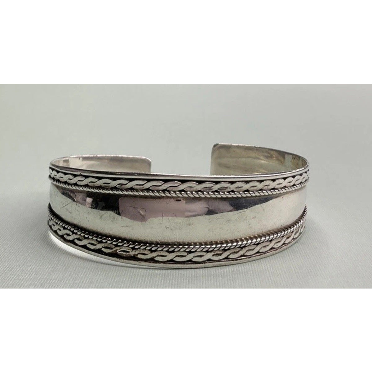 Vintage Sterling Silver Cuff Bracelet 14g Braided Rope Design Wide Open Bangle