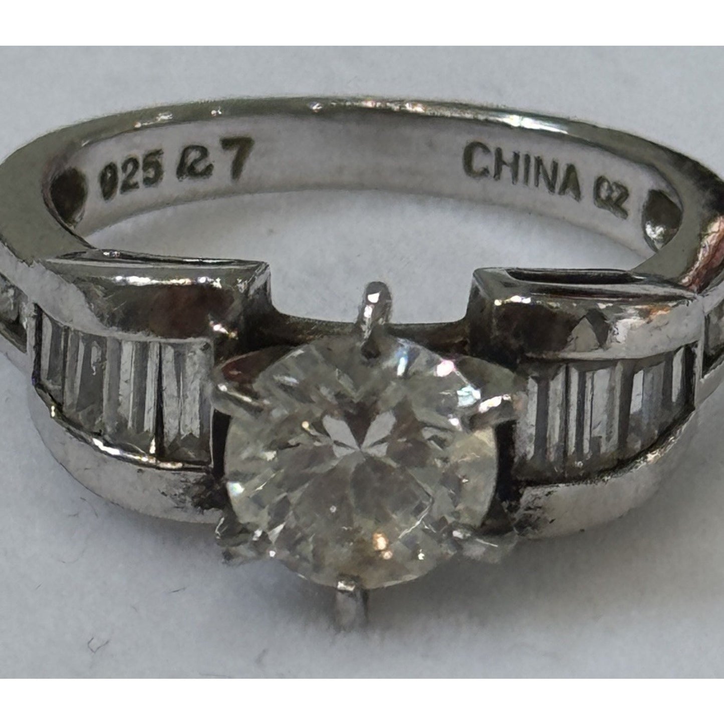 Sterling Silver CZ Engagement Wedding 925 Ring Size 7.5 Baguette Accent