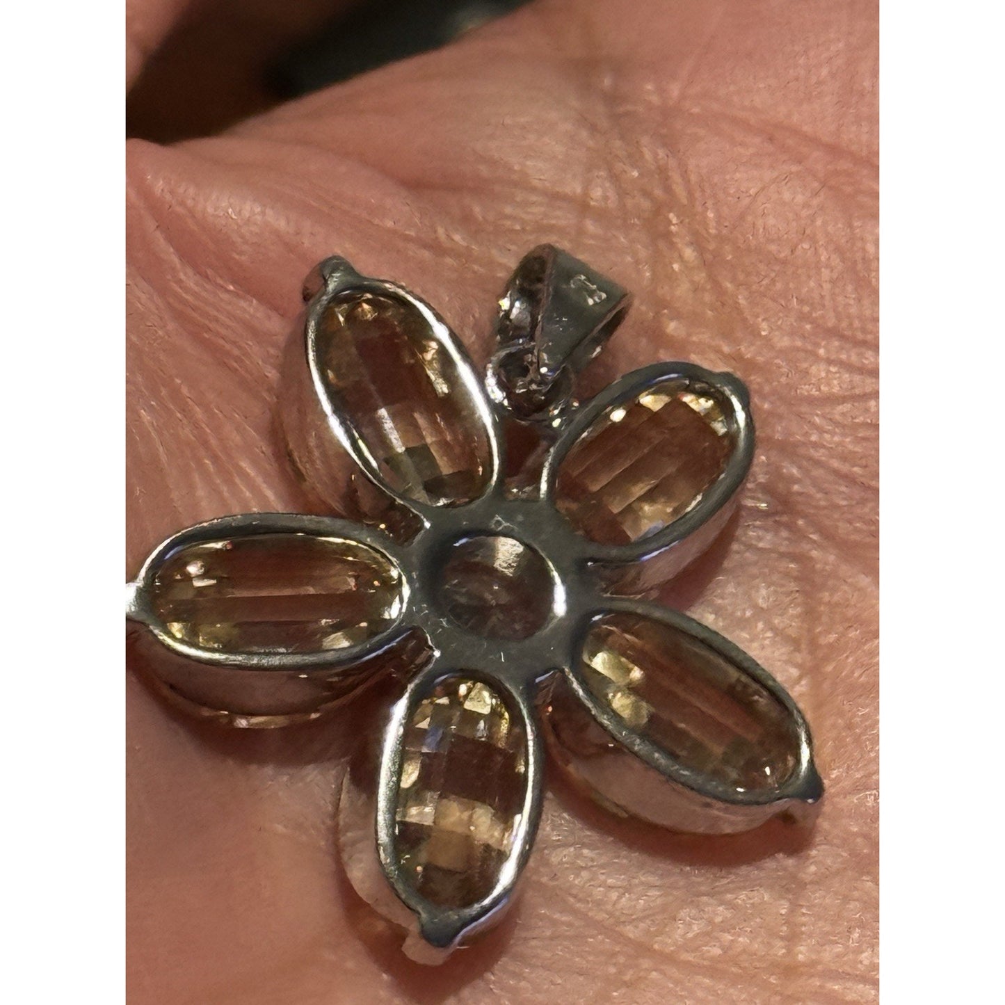 Vintage Sterling Silver Citrine Flower Pendant White Topaz Gem 925 11g