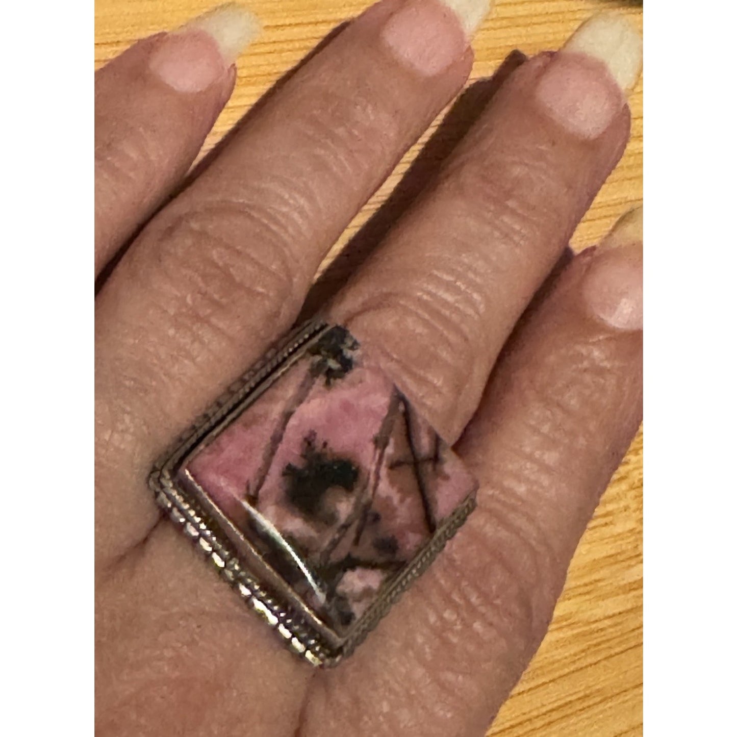 Estate Vintage Sterling Silver Rhodonite Artisan Geometric Statement Ring Size 9