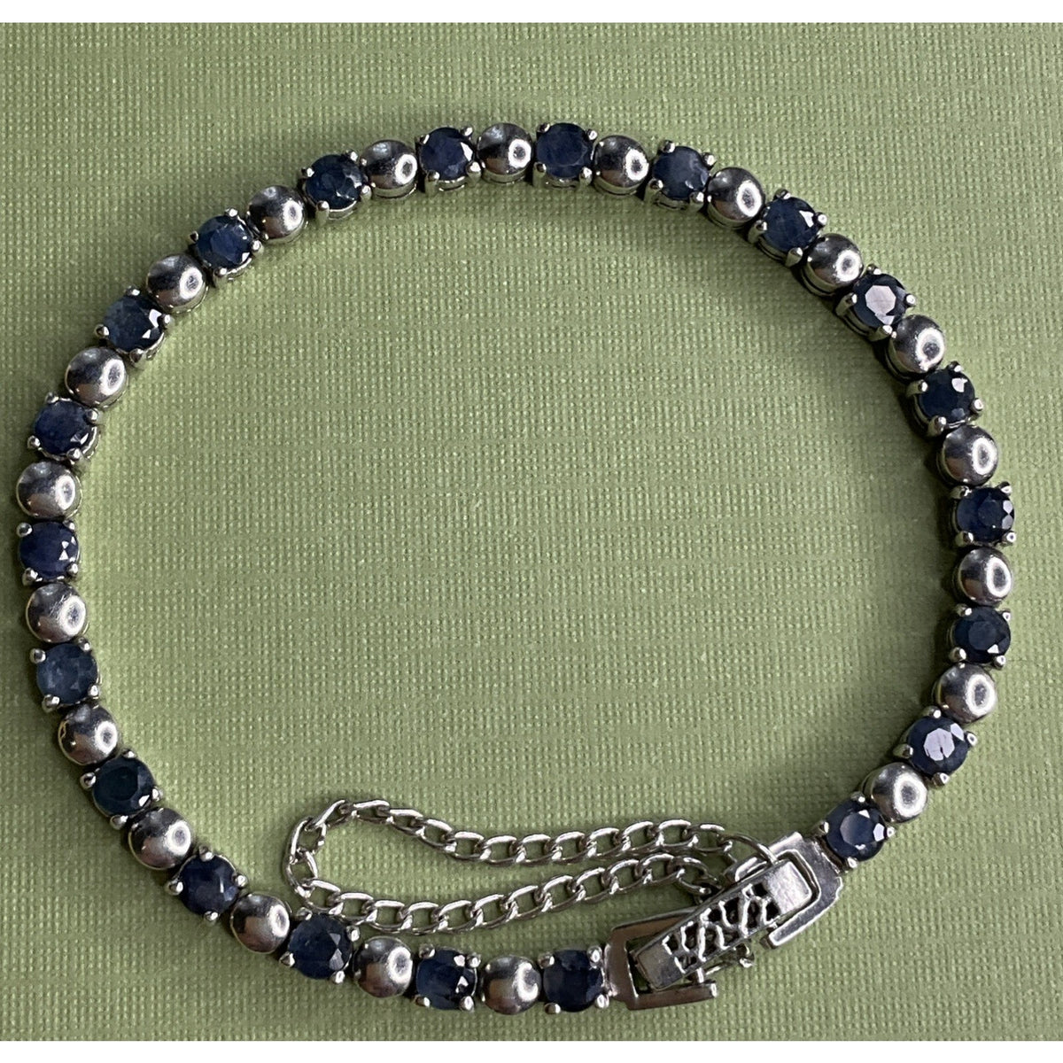 Vintage 925 Sterling Silver Blue Sapphire Tennis Bracelet 14g 7.25” Safety Chain