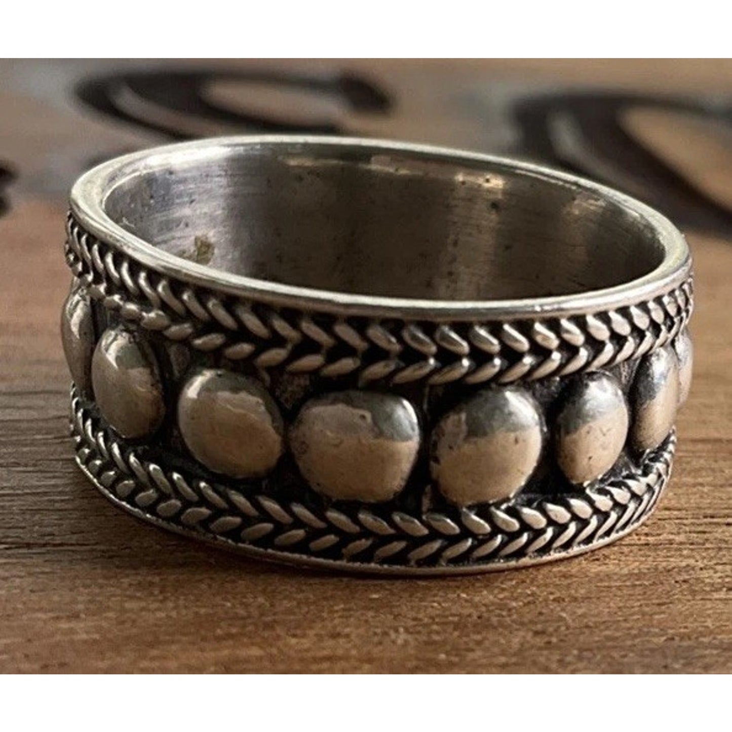 Vintage Wide Sterling Silver Dotted Textured Boho Tribal Band Ring Size 7