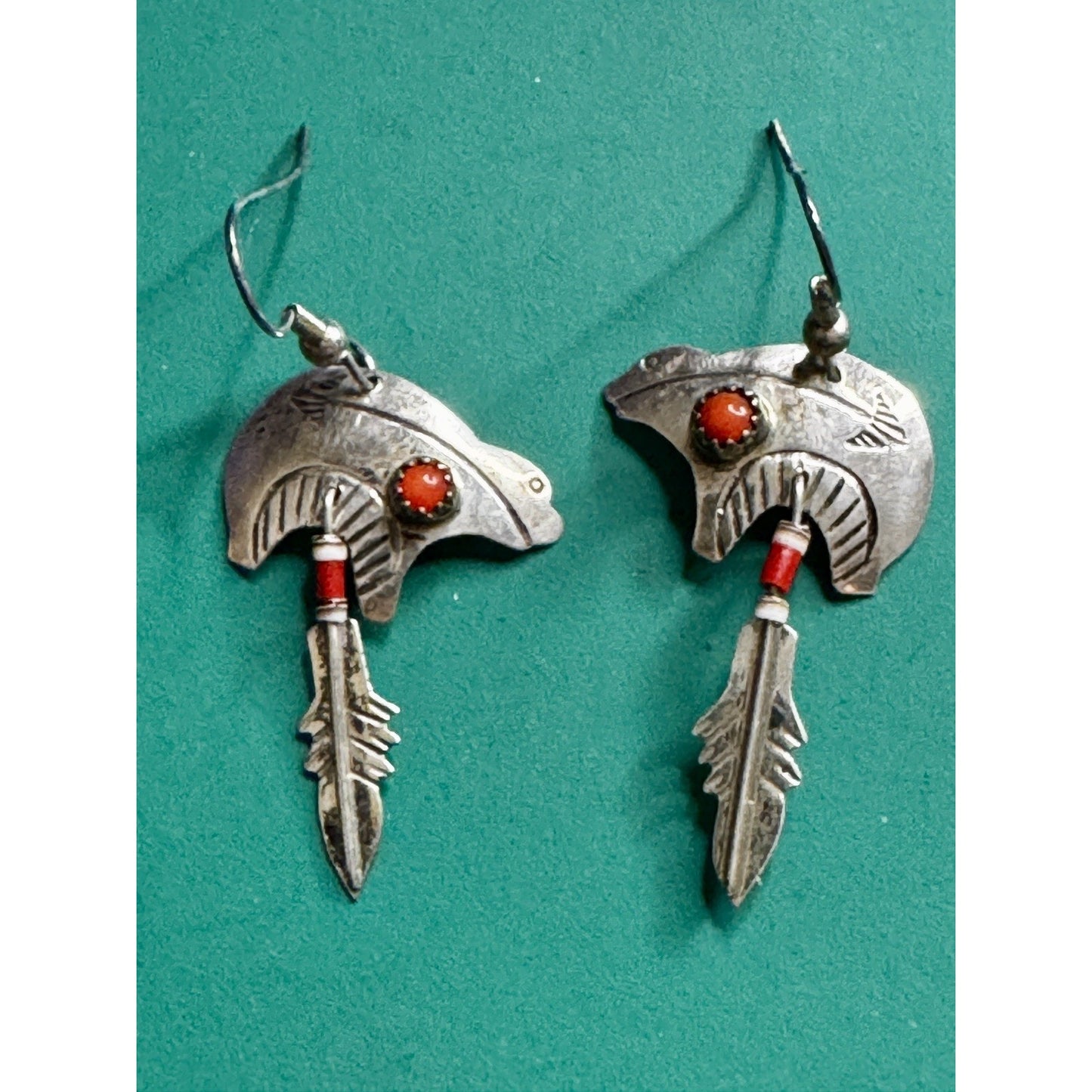 Signed Nel J. Navajo Sterling Silver Bear Earrings Coral Feather Dangle