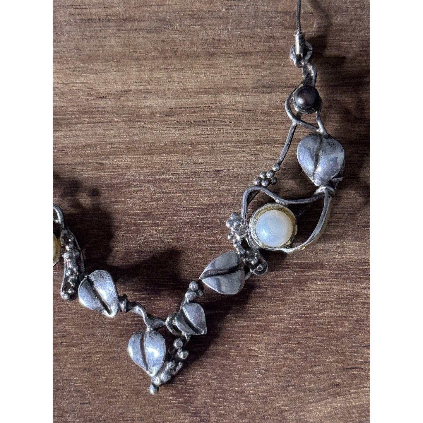 Vintage LAKI 14K & 925 Sterling Silver Pearl Necklace Botanical Leaf Vine 19”