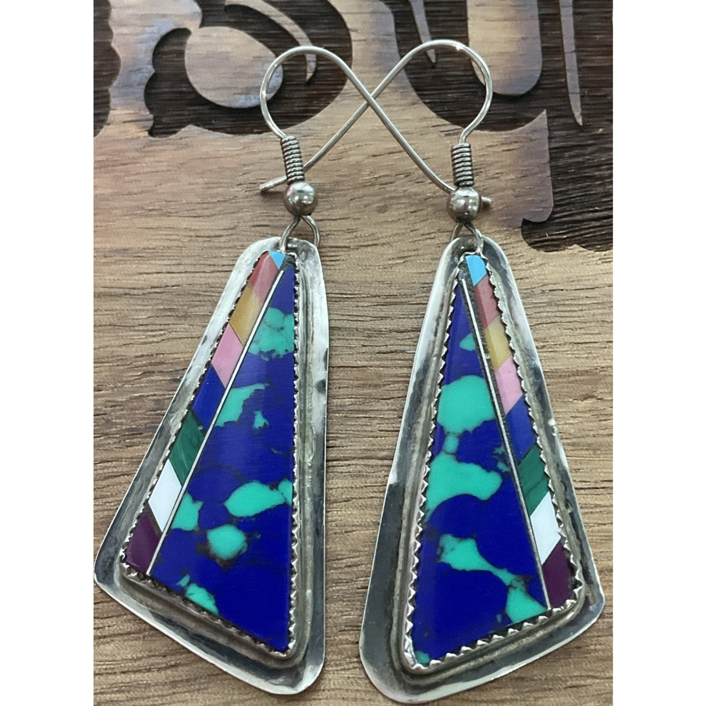 Southwest Sterling Silver Colorful Inlay Triangle Earrings