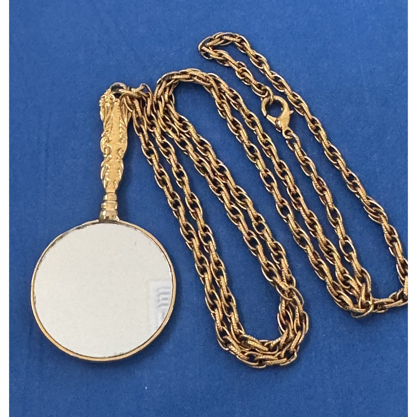 Vintage Gold Tone Hand Mirror Ornate Vanity Pendant 30” Gold Tone Necklace 1970s