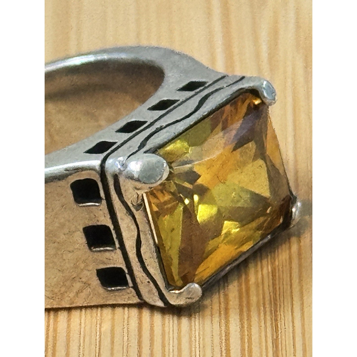 Vintage EX EX Sterling Silver 4-5 Carat Citrine Emerald Cut 925 Ring Size 8, 15g