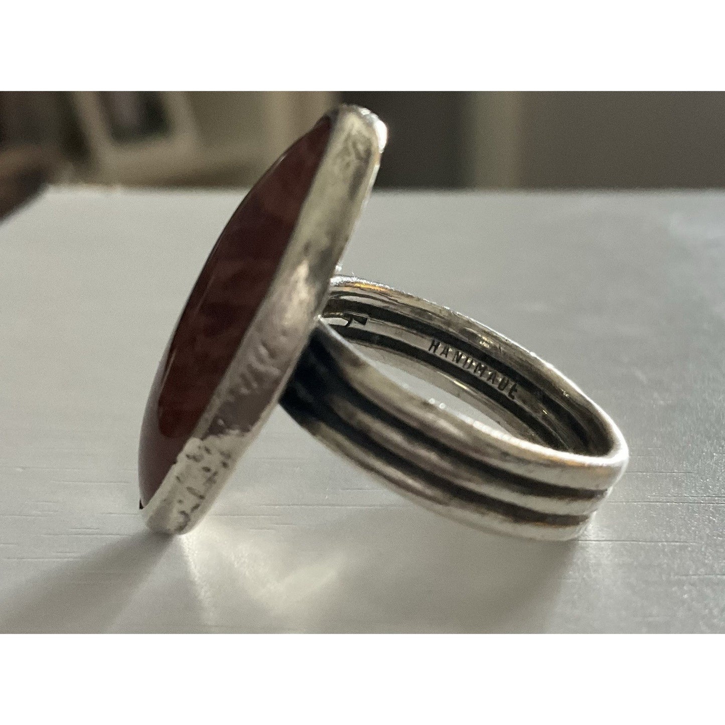 Handmade Sterling Silver Red Jasper Ring Size 7.5 Large Oval Cabochon