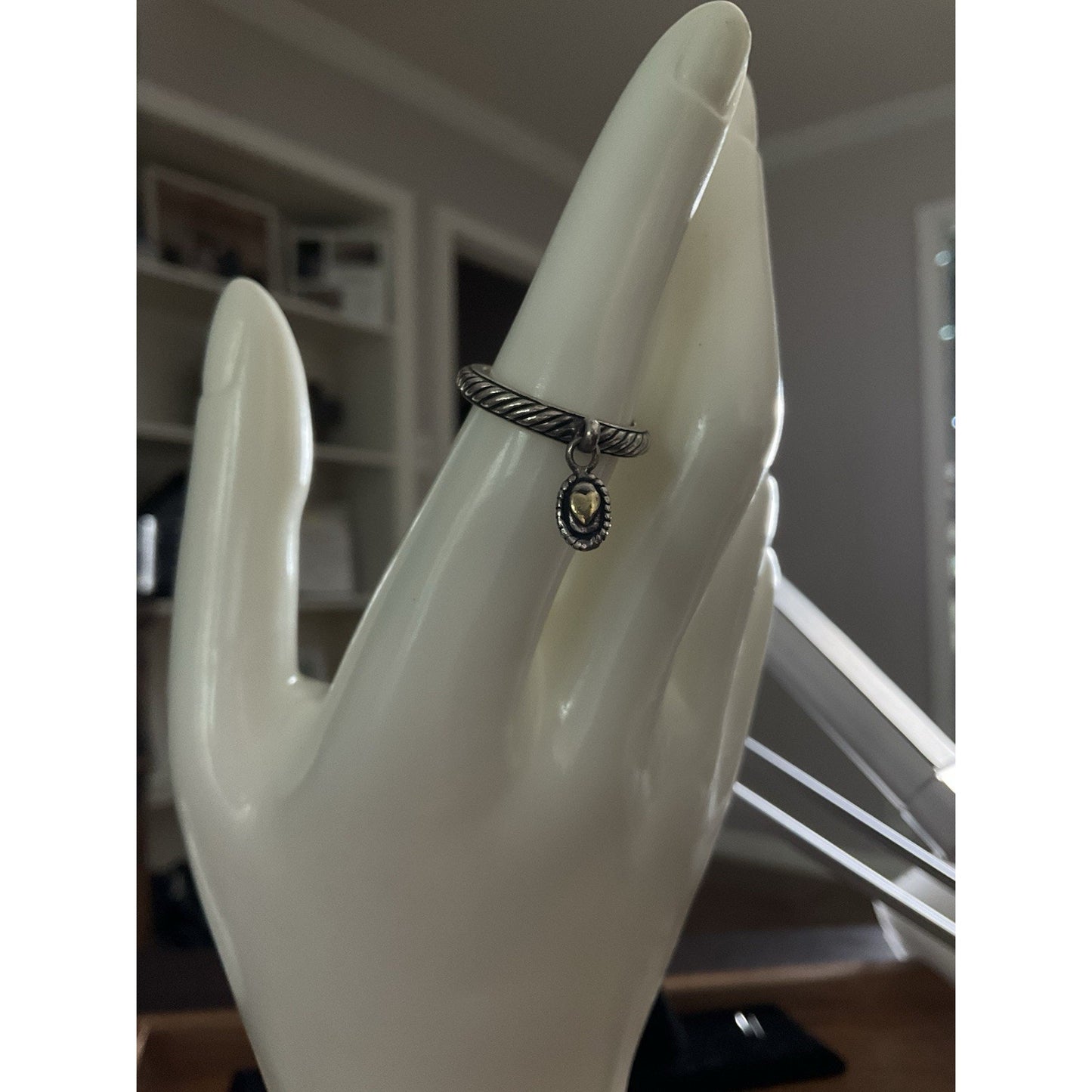 Vintage Brighton Sterling Silver Rope Band Ring w Dangling Heart Charm Size 5