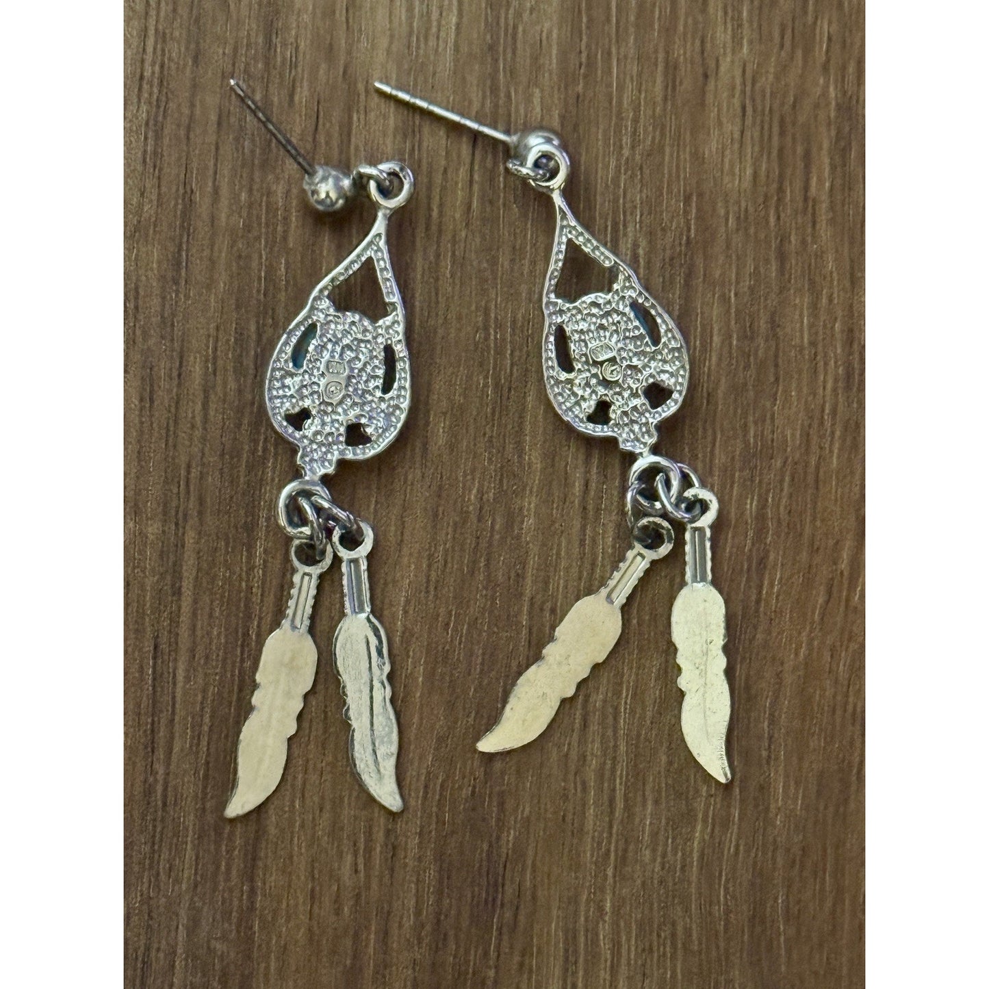 Vintage Sterling Silver Kingman Turquoise Feather Dangle Earrings Southwest 2”