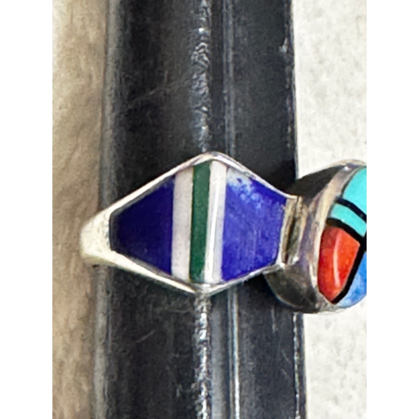 V Benally Navajo Sterling Silver Inlay Ring Turquoise Lapis Spiny Oyster Sz 7.25