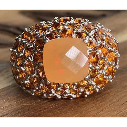 Vintage Sterling Silver Peach Chalcedony Orange Gemstone Cocktail Ring Size 7