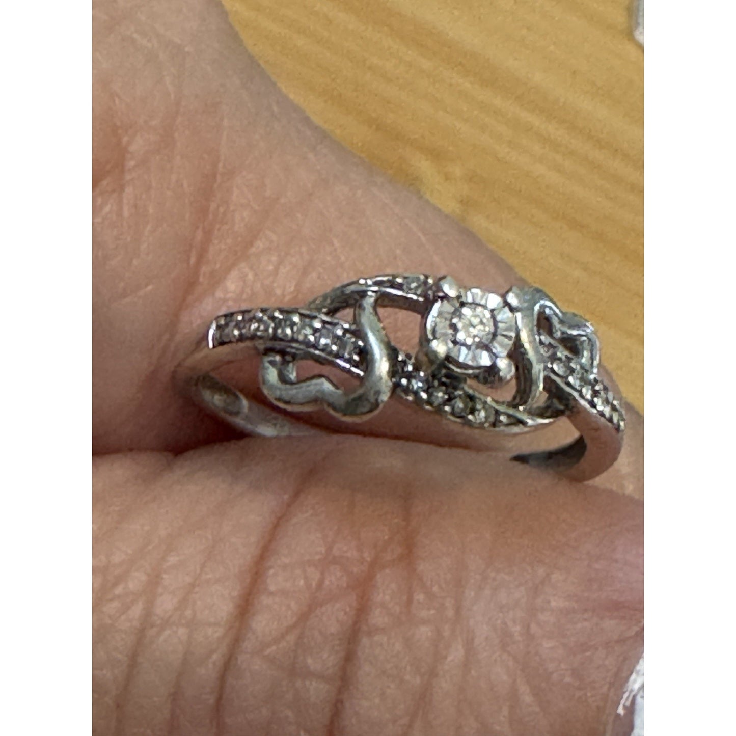 Vintage Sterling Silver Diamond Accent Sweetheart Double Heart Bypass Ring 6.5
