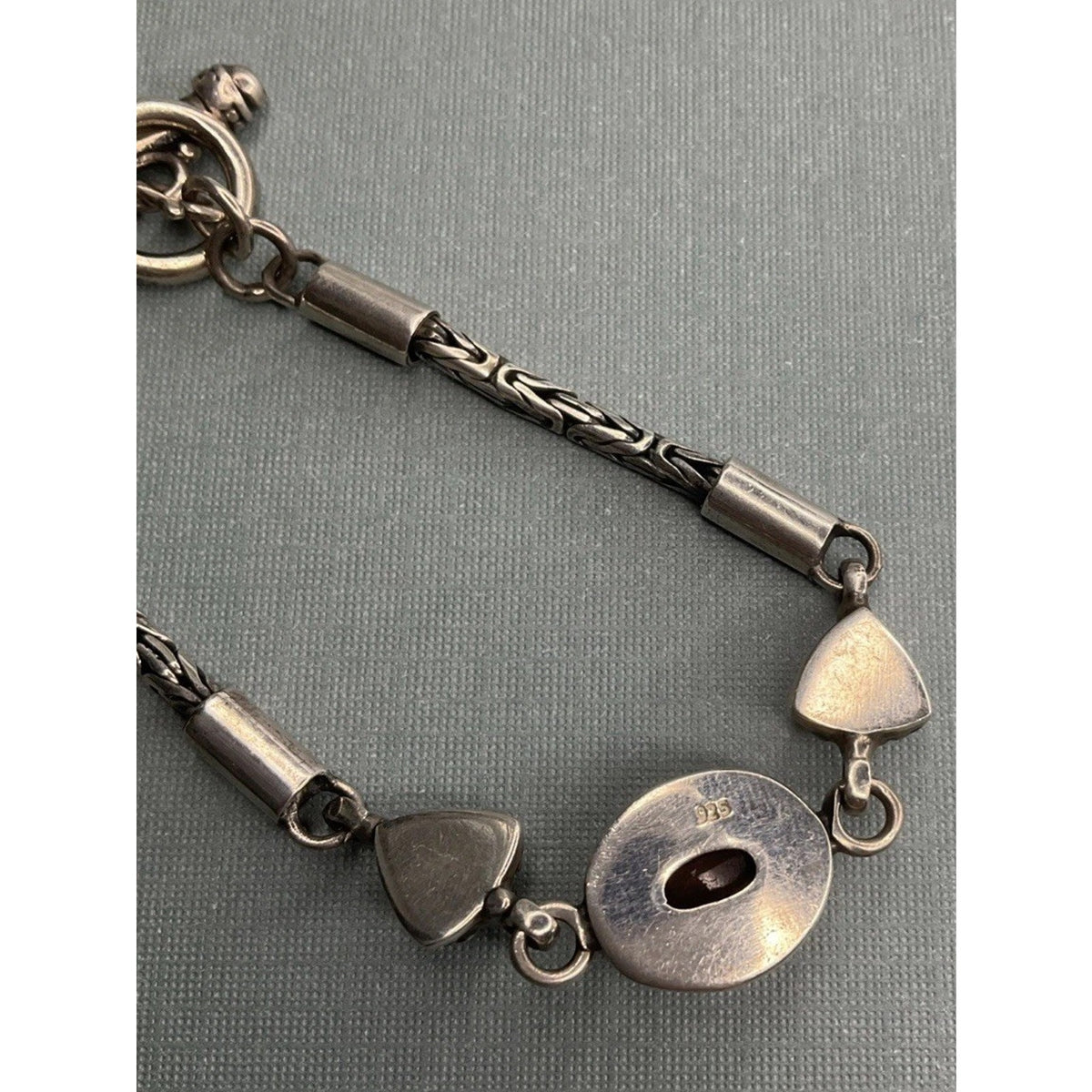 Vintage Sterling Silver Red Gemstone Bracelet Bali Style Toggle 19g