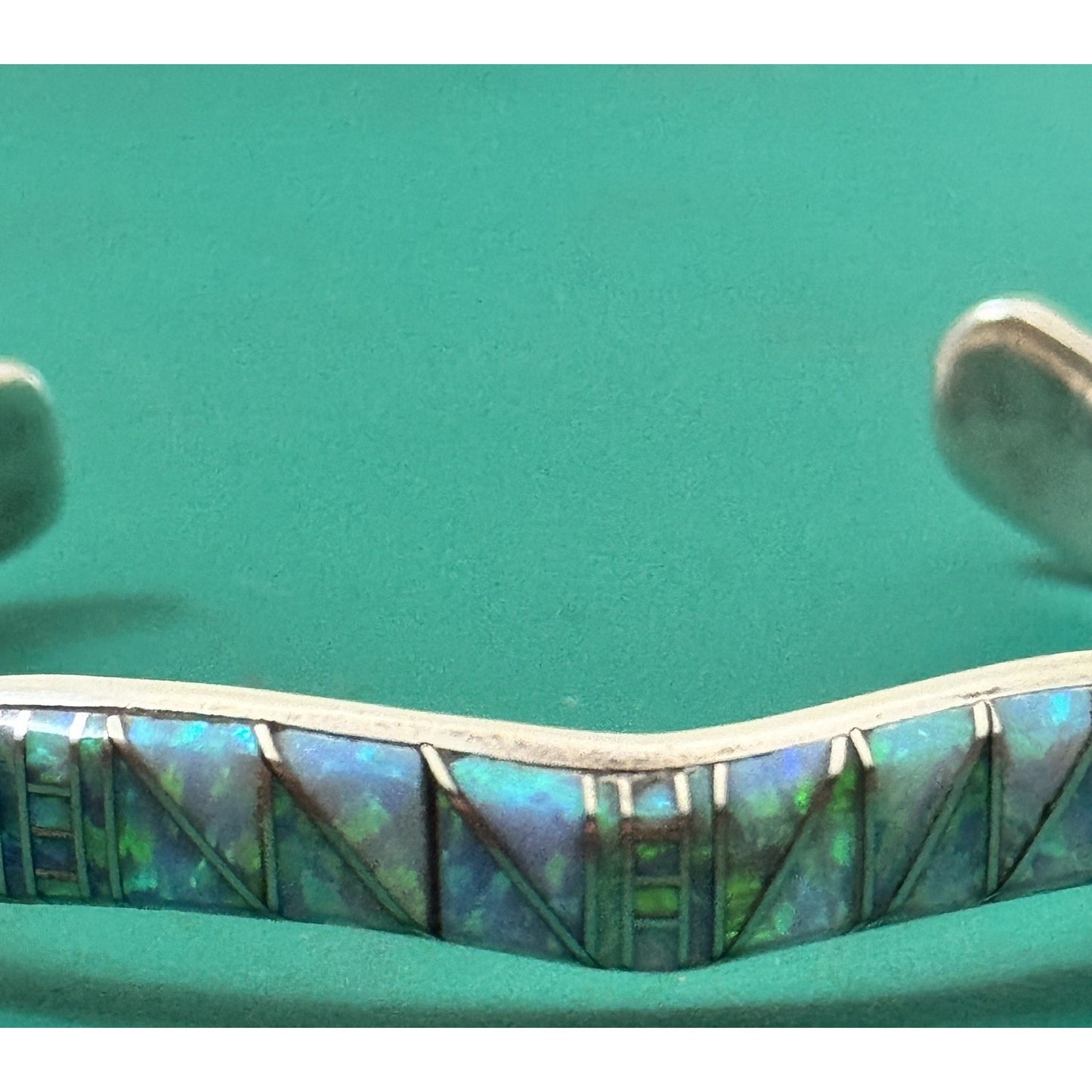 Vintage Southwestern Sterling Silver Blue Green Opal Inlay Cuff Bracelet 22g