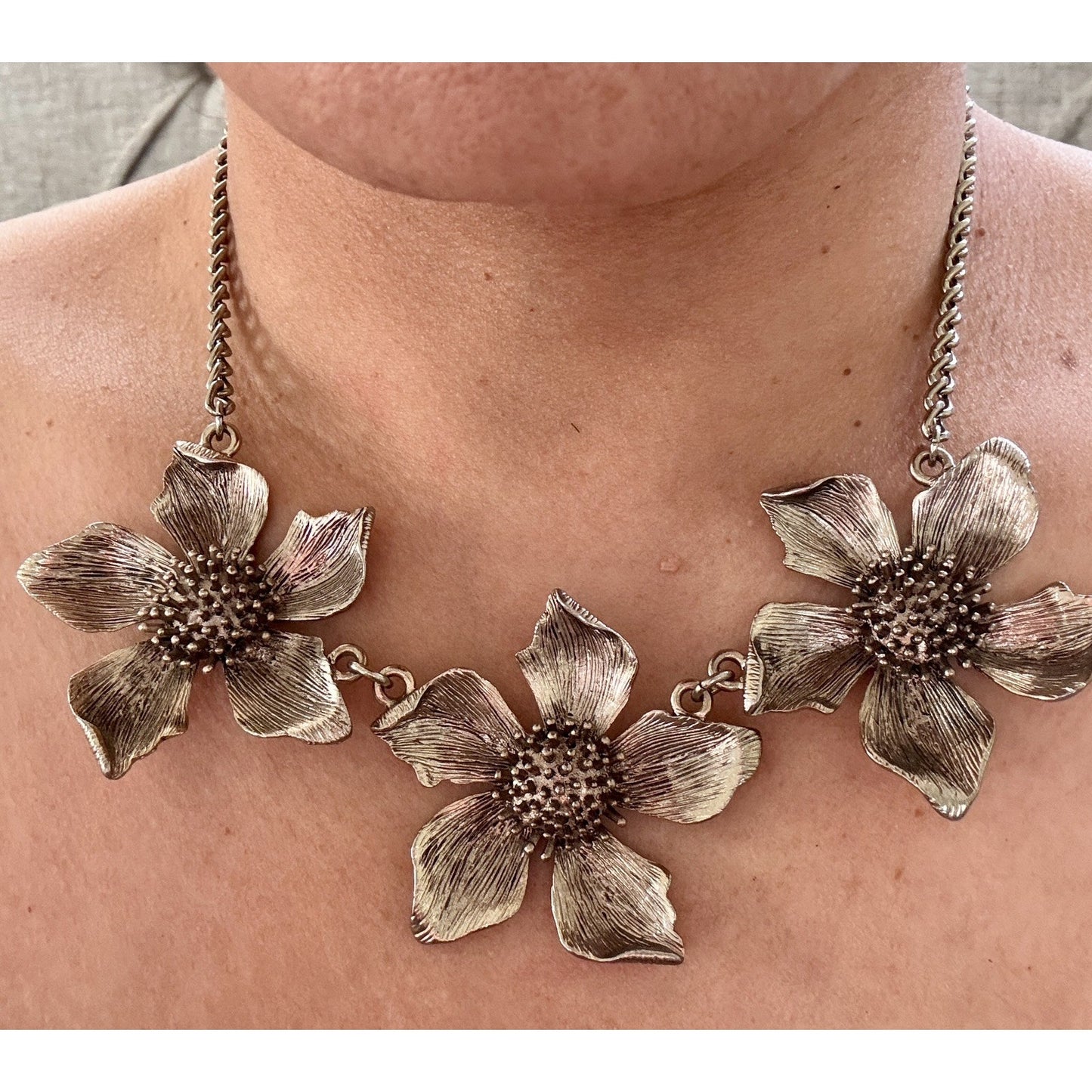 Silver Tone Triple Dogwood Flower Linked Statement Necklace 16-19”