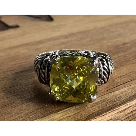 Vintage Silver Tone Premier Designs Squared Faceted Citrine Colored Ring 8.25