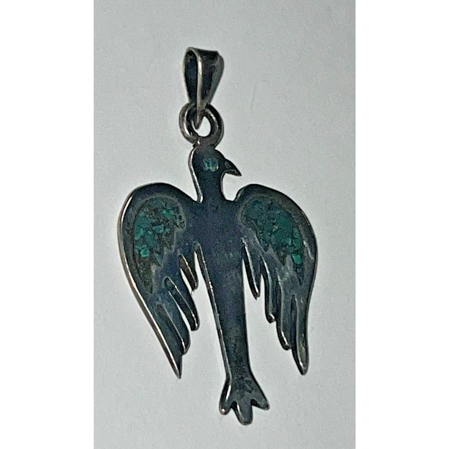 Vintage Sterling Silver Thunderbird Pendant Turquoise Chip Inlay ANT 925