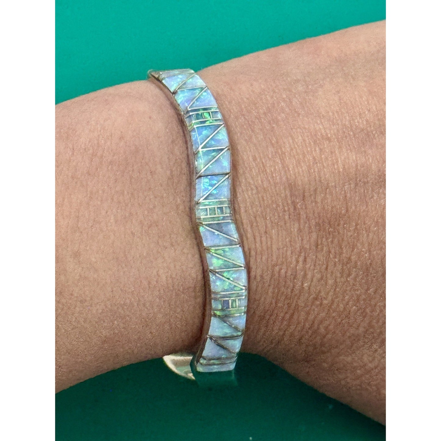 Vintage Southwestern Sterling Silver Blue Green Opal Inlay Cuff Bracelet 22g
