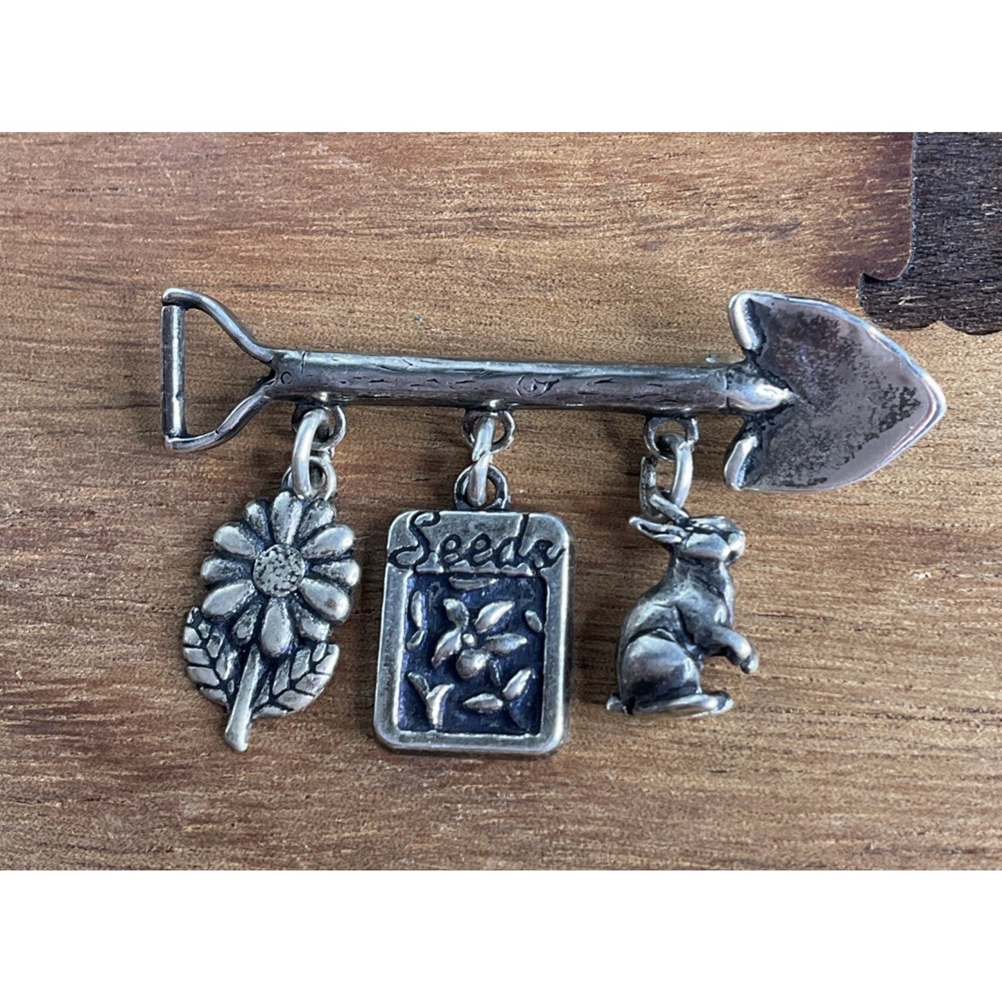 Vintage Sterling Silver Garden Charm Brooch DV 925 Shovel Rabbit Seeds Pin