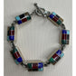 Vintage Mexico 925 Sterling Silver Multi Stone Inlay Link Bracelet 31g 7.5