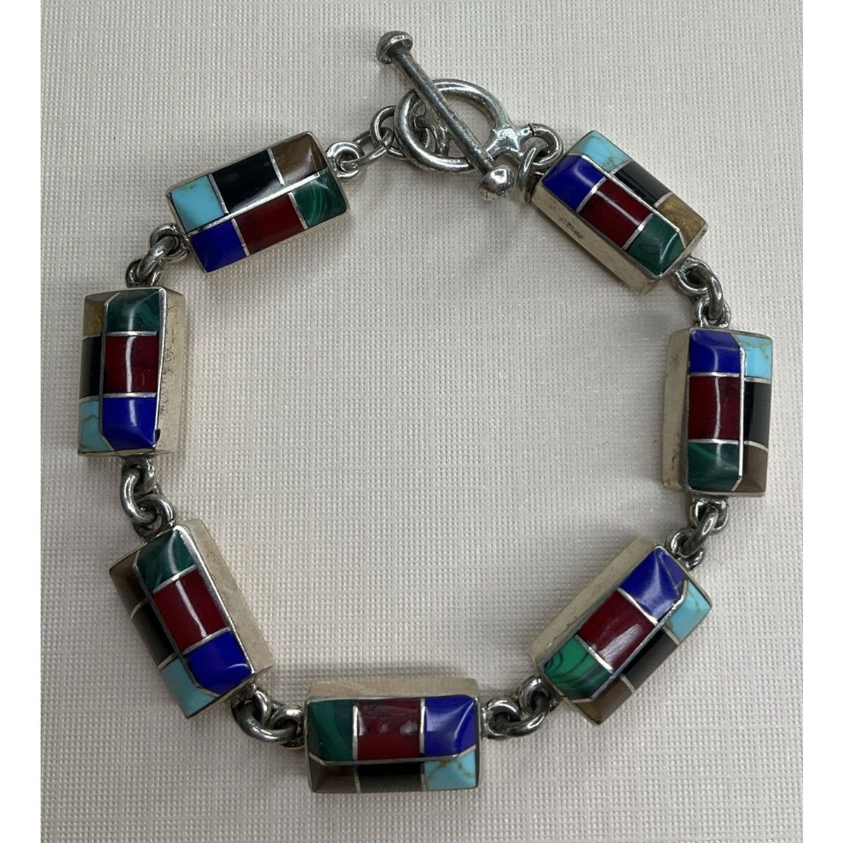 Vintage Mexico 925 Sterling Silver Multi Stone Inlay Link Bracelet 31g 7.5