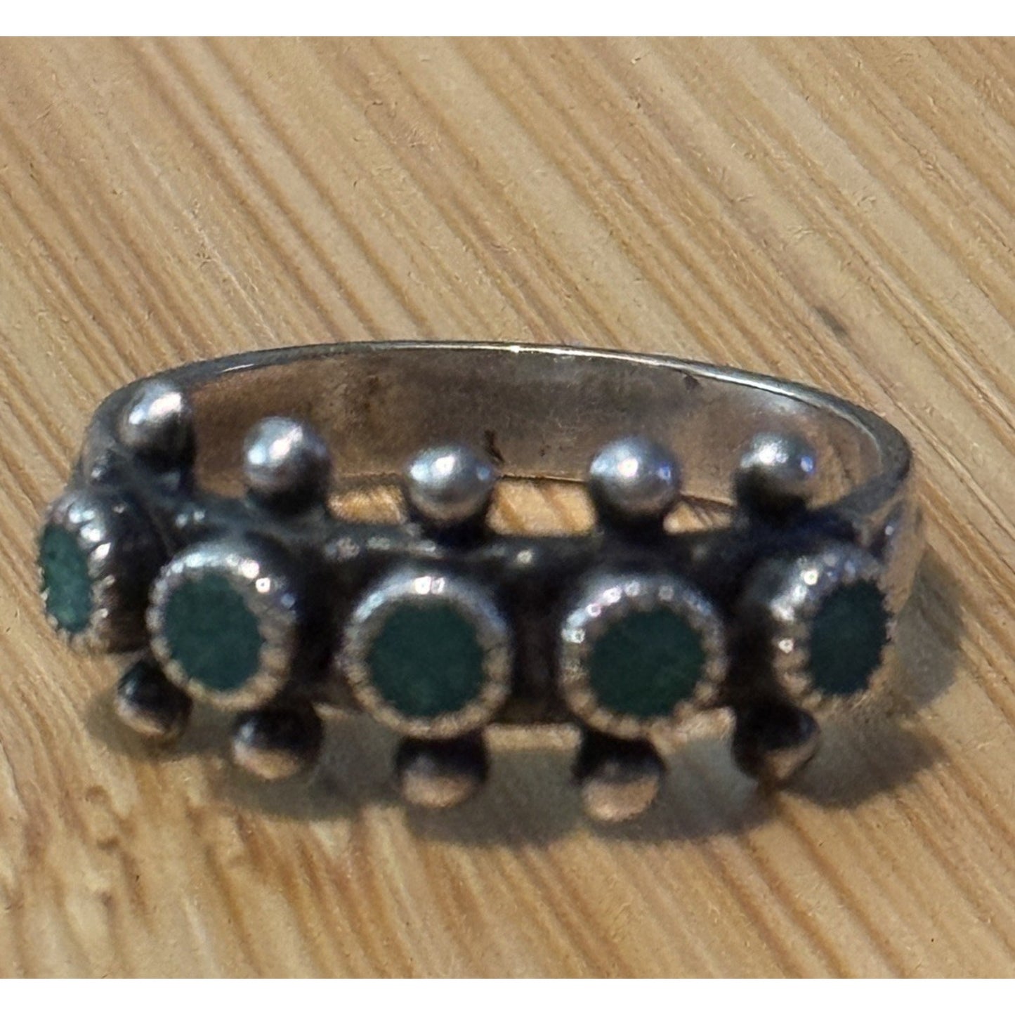 Vintage Sterling Navajo Sterling Green Turquoise Snake Eye Beaded 925 Ring Sz 6