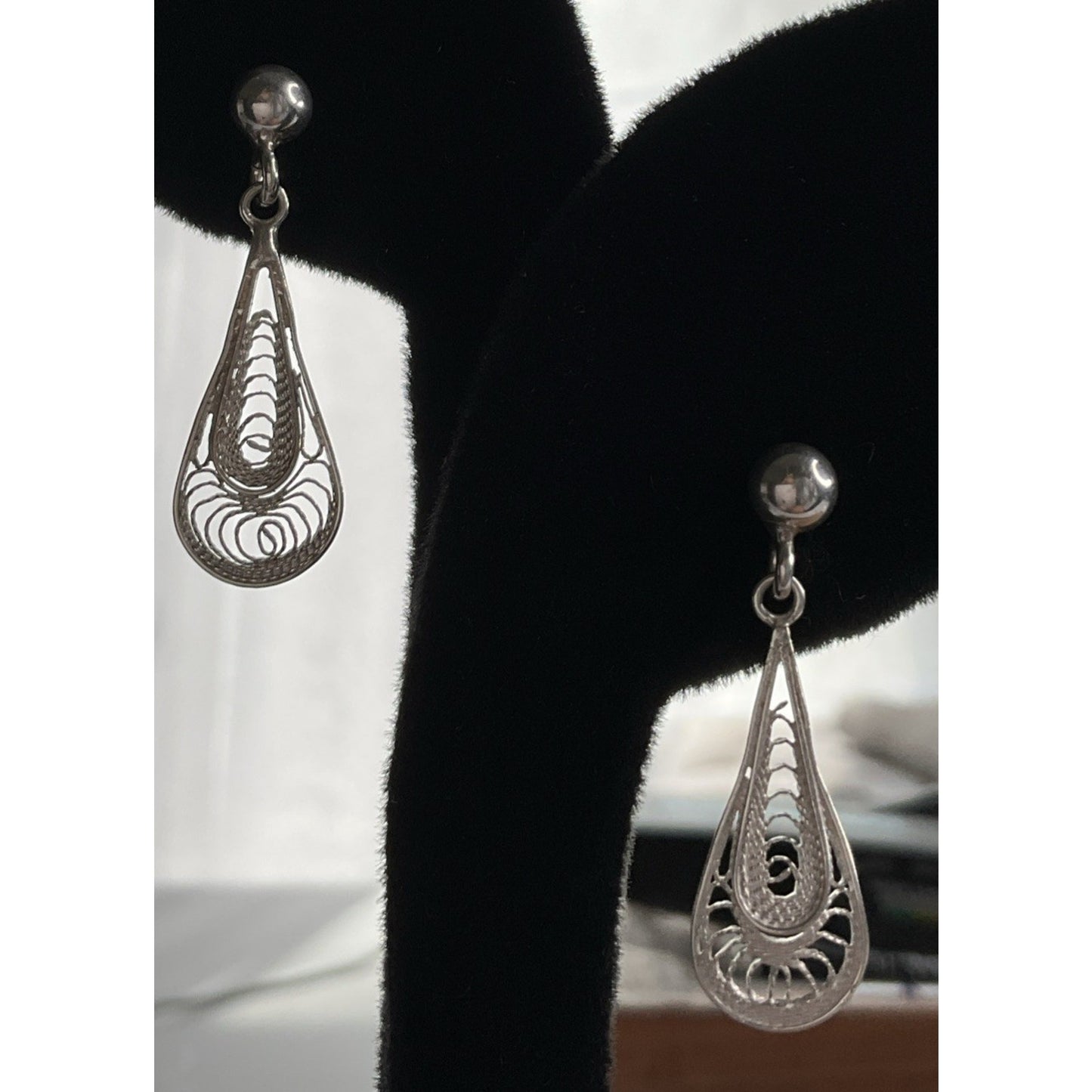 Vintage Sterling Silver Filigree Drop Earrings Dainty Light Teardrop Design